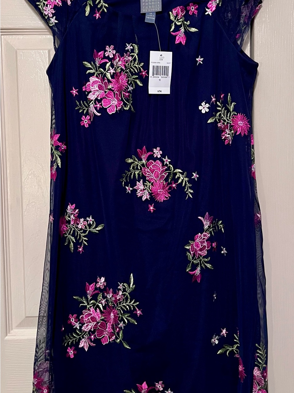 Rabbit Rabbit Rabbit Navy Dress with Pink Floral Embroidery